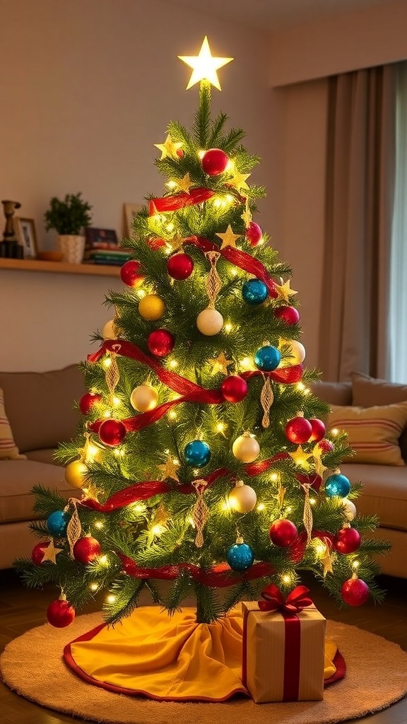 60 cm Christmas Tree Decoration Guide A small 60 cm Christmas tree decorated with lights and ornaments in a cozy living room.